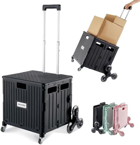 Foldable Utility Cart with Stair Climbing Wheels, Collapsible Rolling Crate with Telescoping Handle, Folding