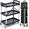 Foldable Utility Service Cart, 165LBS 3 Shelf Heavy Duty Plastic Rolling Cart with 360° Swivel Wheels (2 with