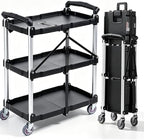 Foldable Utility Service Cart, 165LBS 3 Shelf Heavy Duty Plastic Rolling Cart with 360° Swivel Wheels (2 with