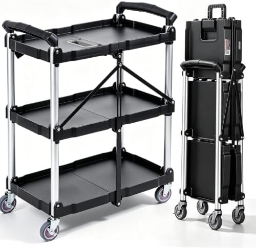 Foldable Utility Service Cart, 165LBS 3 Shelf Heavy Duty Plastic Rolling Cart with 360° Swivel Wheels (2 with