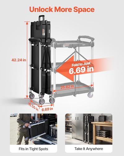 Foldable Utility Service Cart, 165LBS 3 Shelf Heavy Duty Plastic Rolling Cart with 360° Swivel Wheels (2 with, alternate view