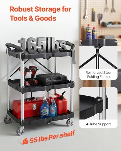Foldable Utility Service Cart, 165LBS 3 Shelf Heavy Duty Plastic Rolling Cart with 360° Swivel Wheels (2 with, alternate view