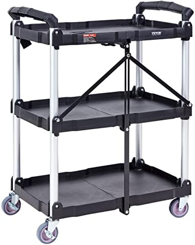 Foldable Utility Service Cart, 165LBS 3 Shelf Heavy Duty Plastic Rolling Cart with 360° Swivel Wheels (2 with, alternate view