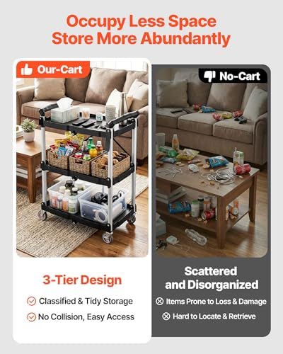 Foldable Utility Service Cart, 165LBS 3 Shelf Heavy Duty Plastic Rolling Cart with 360° Swivel Wheels (2 with, alternate view