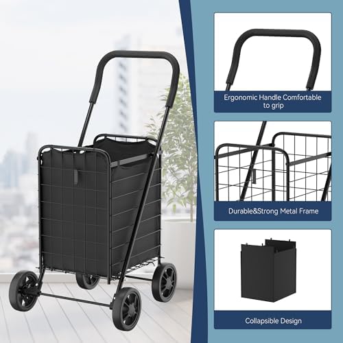 Foldable Utility Shopping Cart with Wheels, 60Lb Capacity, Heavy Duty Grocery Cart with Steel Frame, Foam, alternate view 4