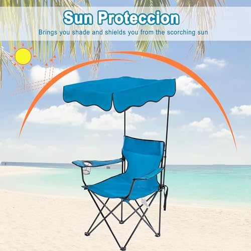 Folding Camping Chair with Shade Canopy and Cup Holder Beach Chair with Canopy Shade Thicken 600D Oxford, alternate view 4