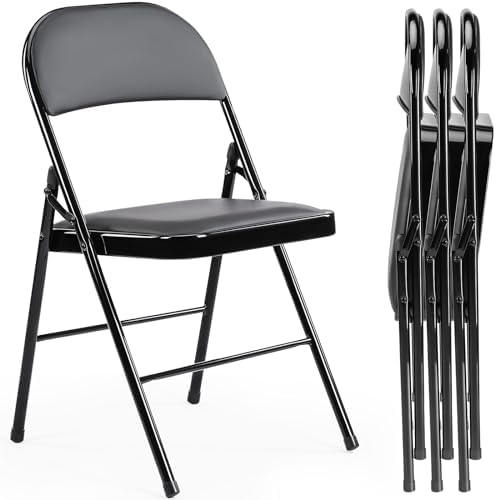 Folding Chair 4 Pack, Leather Padded Folding Chairs, Sturdy Metal Foldable Chairs, Easy to Use and Store