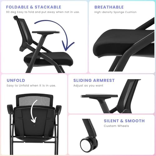 Folding Chair with Wheels and Paddle, Ergonomic Mesh Back and Arms for Office, Meetings, Conferences, alternate view 3