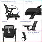 Folding Chair with Wheels and Paddle, Ergonomic Mesh Back and Arms for Office, Meetings, Conferences, alternate view 3