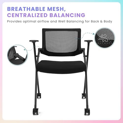 Folding Chair with Wheels and Paddle, Ergonomic Mesh Back and Arms for Office, Meetings, Conferences, alternate view 4
