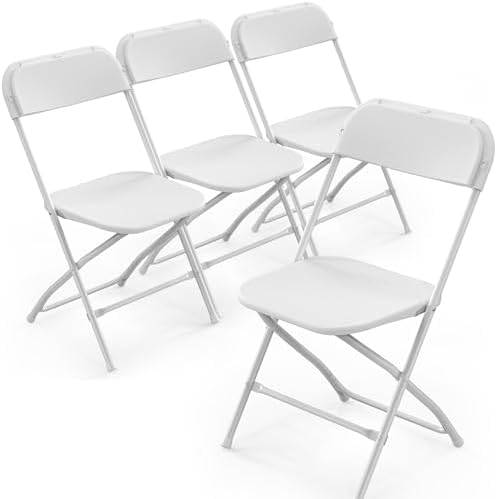 Folding Chairs Set of 4, White Plastic Chair Sturdy Seat with Metal Frame, Perfect for Party, Event, Wedding