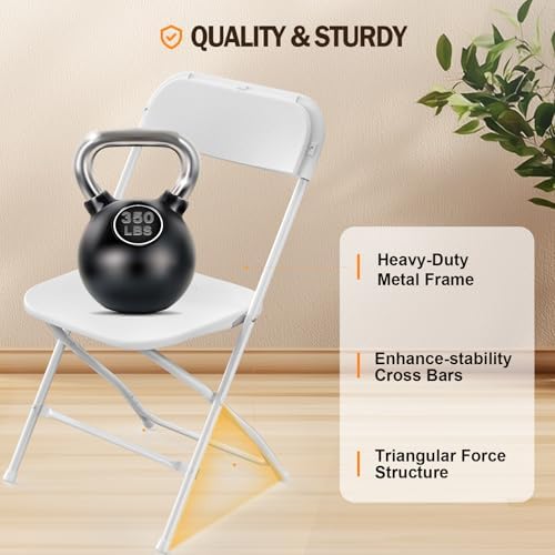 Folding Chairs Set of 4, White Plastic Chair Sturdy Seat with Metal Frame, Perfect for Party, Event, Wedding, alternate view