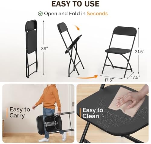 Folding Chairs Set of 6, Black Plastic Chair Sturdy Seat with Metal Frame, Perfect for Party, Event, Wedding, alternate view
