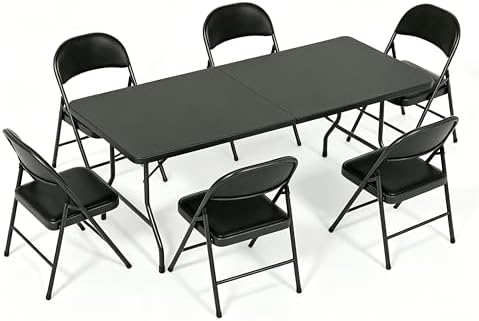 Folding Dining Table Set, 6FT Foldable Plastic Table with Carrying Handle & 6 PU Leather Padded Folding Chairs