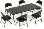 Folding Dining Table Set, 6FT Foldable Plastic Table with Carrying Handle & 6 PU Leather Padded Folding Chairs