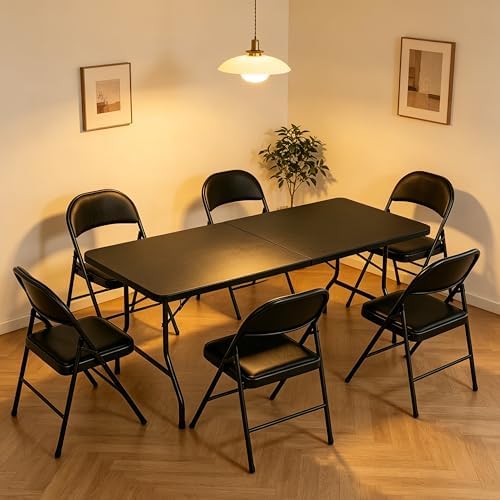 Folding Dining Table Set, 6FT Foldable Plastic Table with Carrying Handle & 6 PU Leather Padded Folding Chairs, alternate