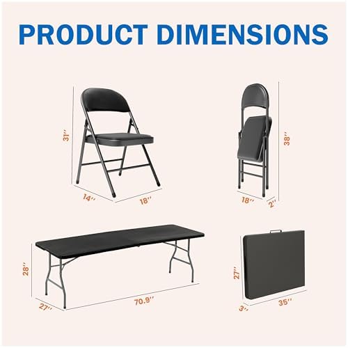 Folding Dining Table Set, 6FT Foldable Plastic Table with Carrying Handle & 6 PU Leather Padded Folding Chairs, alternate