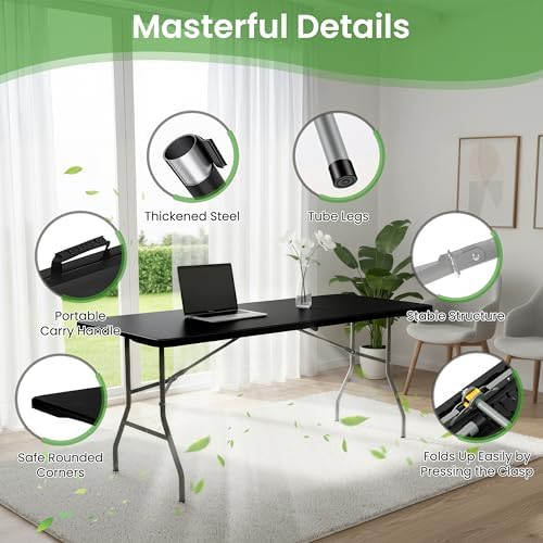 Folding Dining Table Set, 6FT Foldable Plastic Table with Carrying Handle & 6 PU Leather Padded Folding Chairs, alternate