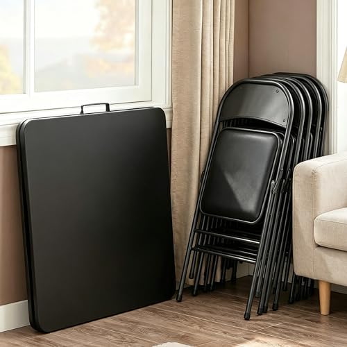 Folding Dining Table Set, 6FT Foldable Plastic Table with Carrying Handle & 6 PU Leather Padded Folding Chairs, alternate