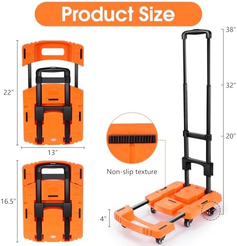 Folding Hand Truck500lbs, Portable Heavy Duty Dolly Cart, 6 Wheels Collapsible Luggage Cart with 2 Elastic Ropes, alternate