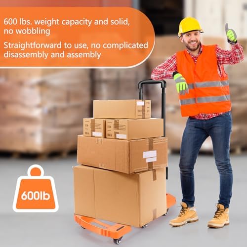 Folding Hand Truck500lbs, Portable Heavy Duty Dolly Cart, 6 Wheels Collapsible Luggage Cart with 2 Elastic Ropes, alternate