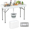 Folding Ice Cooler Table, 46'' Outdoor Chill Bar Table with Drain, Foldable Bucket & Removable Matching Skirt