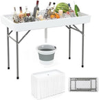 Folding Ice Cooler Table, 46'' Outdoor Chill Bar Table with Drain, Foldable Bucket & Removable Matching Skirt