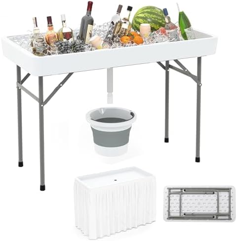 Folding Ice Cooler Table, 46'' Outdoor Chill Bar Table with Drain, Foldable Bucket & Removable Matching Skirt