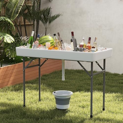 Folding Ice Cooler Table, 46'' Outdoor Chill Bar Table with Drain, Foldable Bucket & Removable Matching Skirt, alternate view