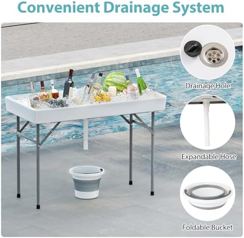 Folding Ice Cooler Table, 46'' Outdoor Chill Bar Table with Drain, Foldable Bucket & Removable Matching Skirt, alternate view