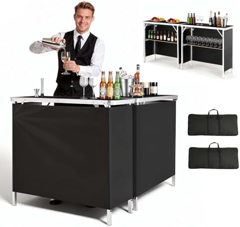 Folding Portable Bar Table, 2 pcs, 38.6 x 15.2 x 34.3 in, with Carry Bag, Storage Shelf, Detachable Skirt, Quick