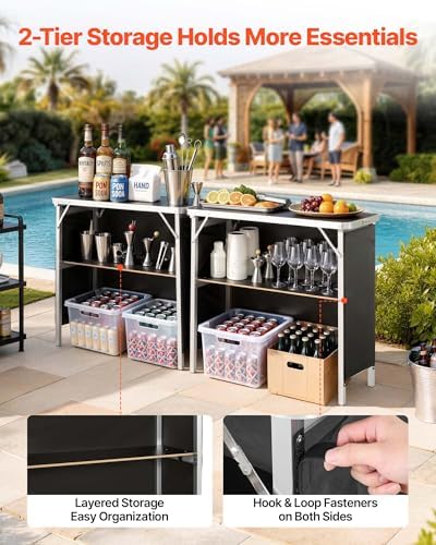 Folding Portable Bar Table, 2 pcs, 38.6 x 15.2 x 34.3 in, with Carry Bag, Storage Shelf, Detachable Skirt, Quick, alternate