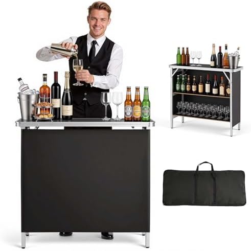 Folding Portable Bar Table, 38.6 x 15.2 x 34.3 in, with Carry Bag, Storage Shelf, and Detachable Skirt, Quick