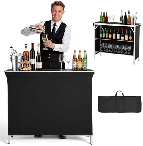 Folding Portable Bar Table, 43.3 x 15.2 x 34.8 in, with Carry Bag, 2 Storage Shelves, and Detachable Skirt