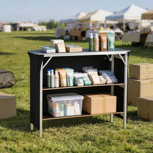 Folding Portable Bar Table, 43.3 x 15.2 x 34.8 in, with Carry Bag, 2 Storage Shelves, and Detachable Skirt, alternate view 2