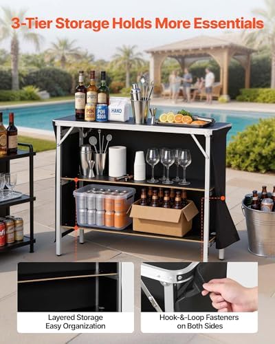 Folding Portable Bar Table, 43.3 x 15.2 x 34.8 in, with Carry Bag, 2 Storage Shelves, and Detachable Skirt, alternate view 4