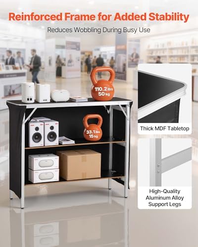 Folding Portable Bar Table, 43.3 x 15.2 x 34.8 in, with Carry Bag, 2 Storage Shelves, and Detachable Skirt, alternate view 5