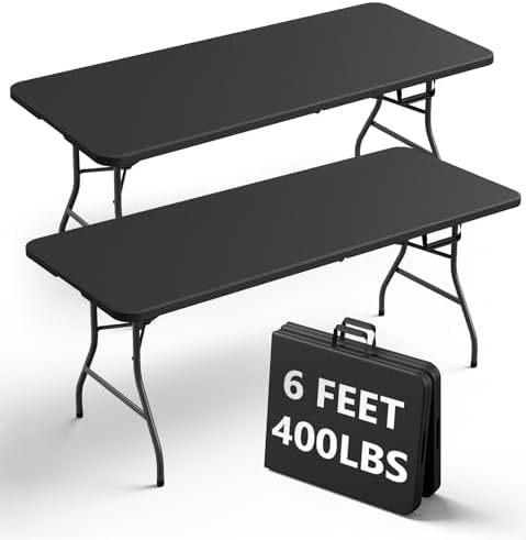 Folding Table 2 Pack, 6FT Heavy Duty Plastic Table with Handle, Foldable&Portable, Fold-in-Half Utility Tables