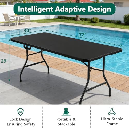 Folding Table 2 Pack, 6FT Heavy Duty Plastic Table with Handle, Foldable&Portable, Fold-in-Half Utility Tables, alternate