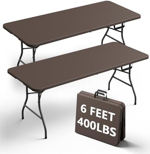 Folding Table 2 Pack, 6FT Heavy Duty Plastic Table with Handle, Foldable&Portable, Fold-in-Half Utility Tables