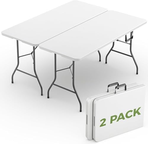 Folding Table 2 Pack, 8 FT Foldable Plastic Table with Carrying Handle, Heavy Duty Portable Fold-in-Half Utility