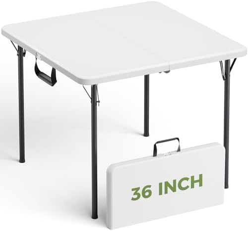 Folding Table, 36 Inch Square Foldable Card Table with Carrying Handle, Heavy Duty Fold-in-Half Portable Table