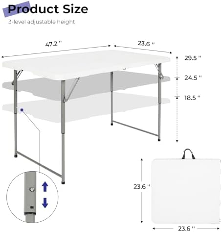 Folding Table 4 Foot, Portable Heavy Duty Plastic Utility Table, White in White, alternate view 3