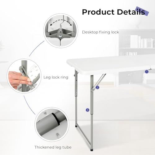 Folding Table 4 Foot, Portable Heavy Duty Plastic Utility Table, White in White, alternate view 4