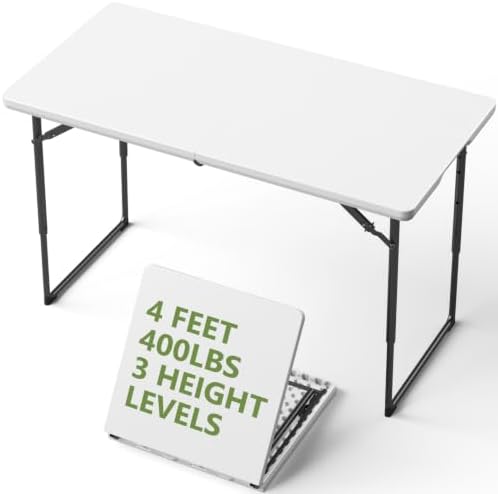 Folding Table, 4 FT Foldable Plastic Table with Adjustable Height, Heavy Duty Fold in Half Utility Table