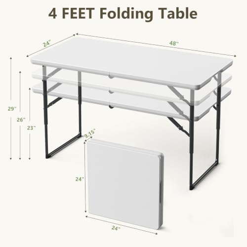 Folding Table, 4 FT Foldable Plastic Table with Adjustable Height, Heavy Duty Fold in Half Utility Table, alternate view 3