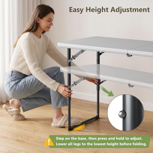 Folding Table, 4 FT Foldable Plastic Table with Adjustable Height, Heavy Duty Fold in Half Utility Table, alternate view 6