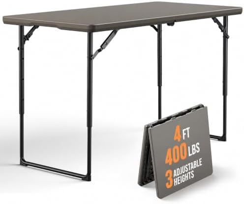 Folding Table 4FT Heavy Duty Plastic Table with Handle, Foldable&Portable, Fold-in-Half Utility Tables for