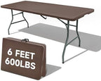Folding Table 6 Foot, HDPE Wood Grain Pattern, Heavy Duty 600 lbs Capacity, Sturdy Design with Safety Lock