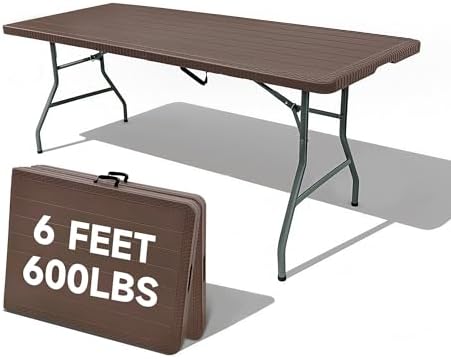 Folding Table 6 Foot, HDPE Wood Grain Pattern, Heavy Duty 600 lbs Capacity, Sturdy Design with Safety Lock